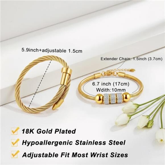 18K Gold Plated Nail Bracelet Set, Adjustable Stackable Bangles for Women 2 Pcs. - Picture 5 of 7